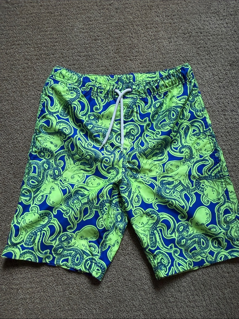 Lands’ End Boys Neon Green & Blue Octopus Print Swim Trunks